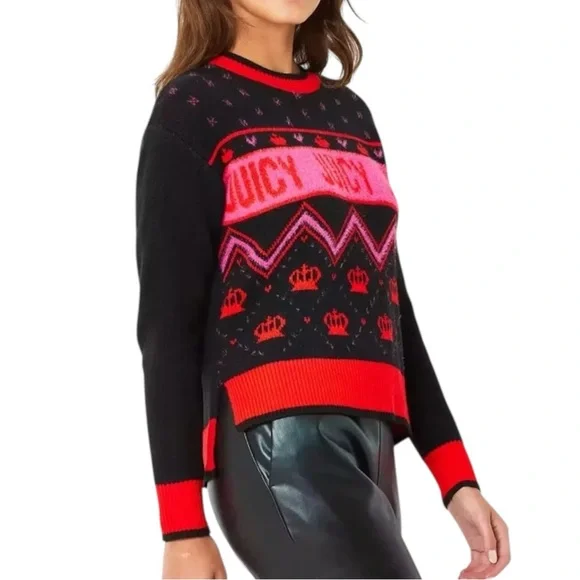 JUICY by Juicy Couture Fair Isle Crown Heart Red Pink Black Sweater Size Small - Picture 7 of 7